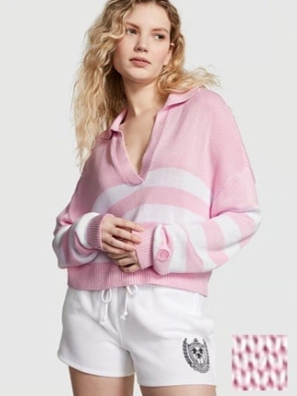 PINK Victoria's Secret Pink and White Striped V‑Neck Club Sweater
